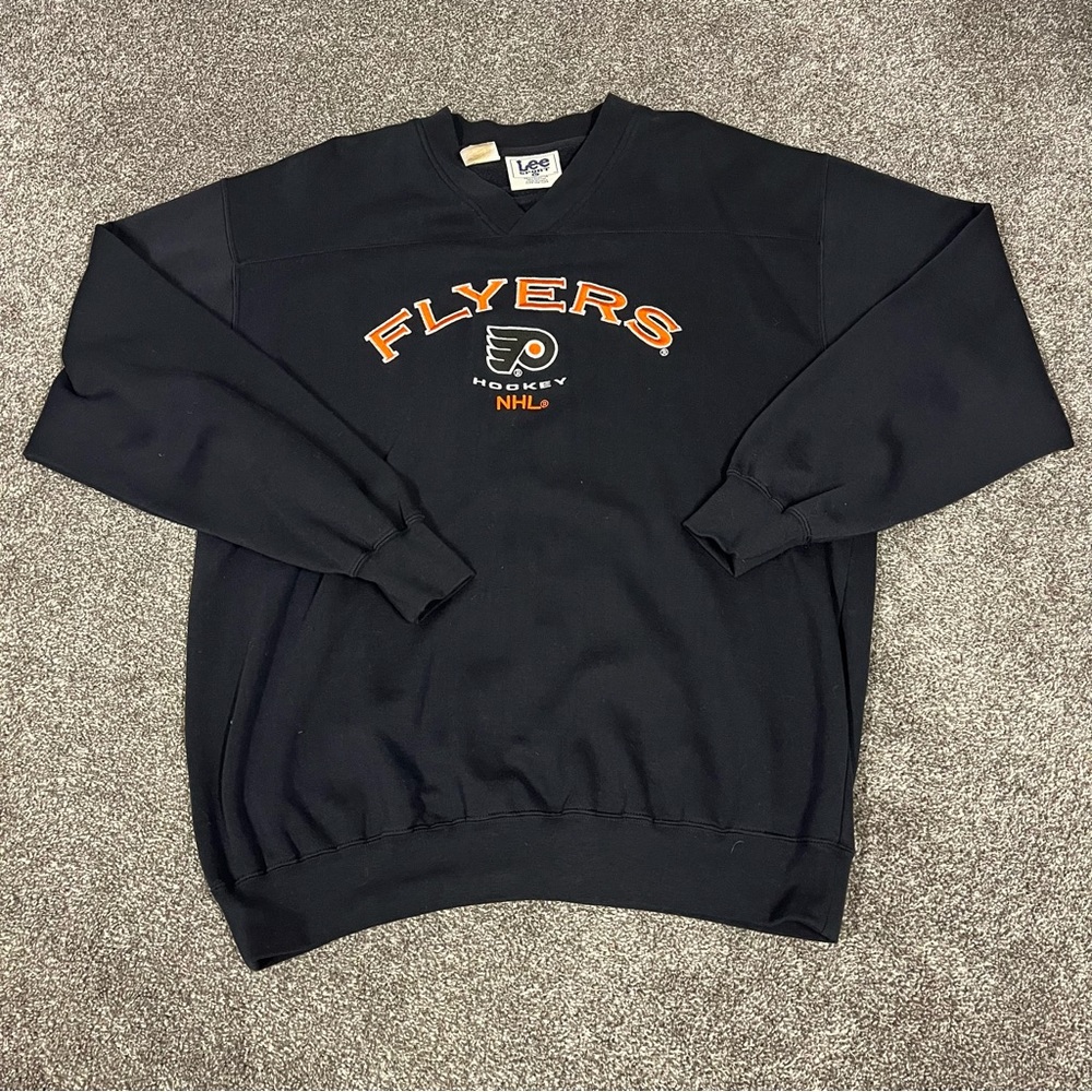NHL Philadelphia Flyers 90s Embroidered Black V Neck Sweatshirt Lee Sport Size L